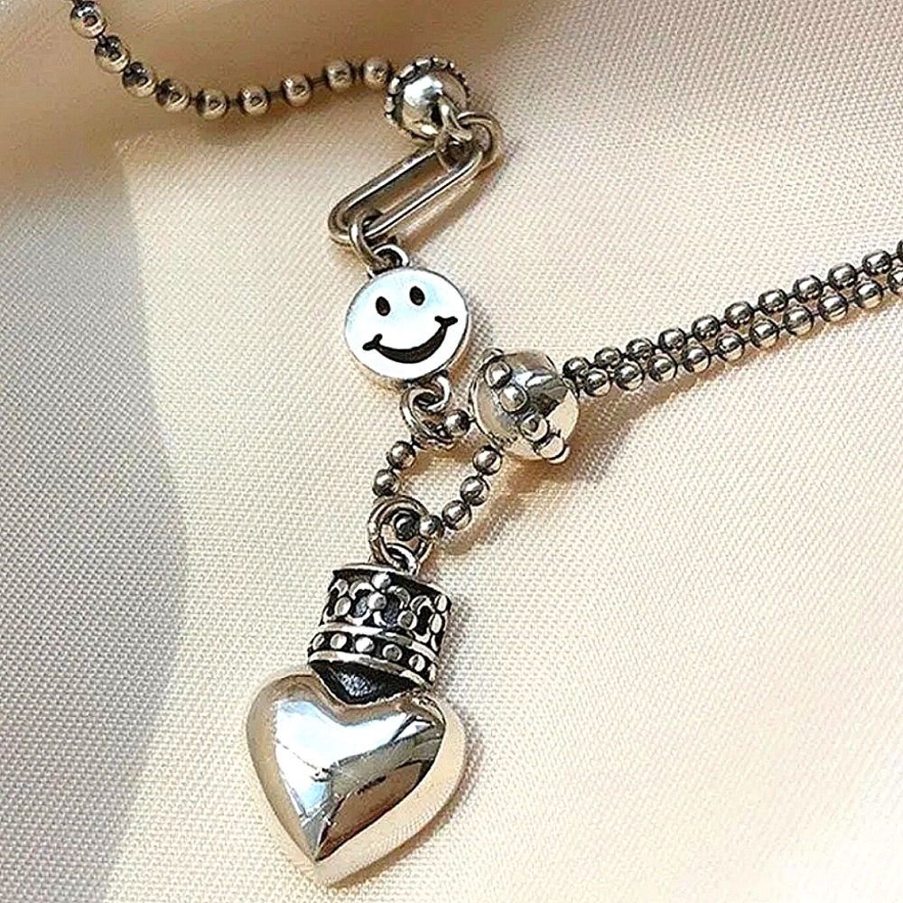 Sterling Silver Happy Face Heart Charm Charm Pendant Necklace